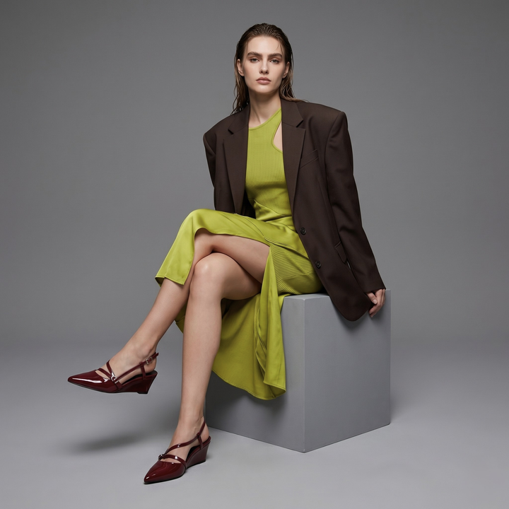 Close-up of a model wearing dark red patent leather slingback wedge pumps with pointed toes and strappy buckle details.