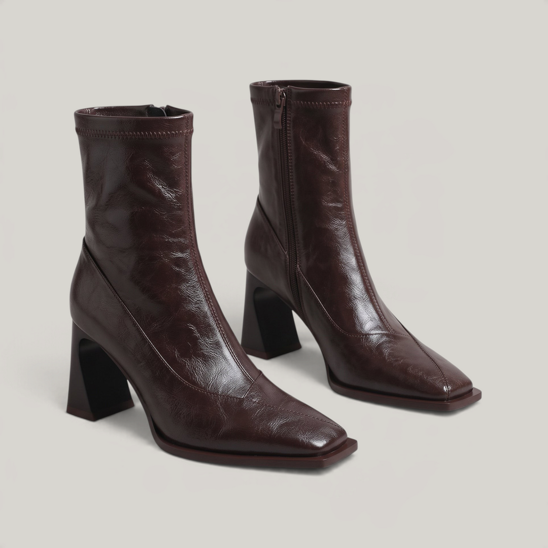 Pair of Vienne Bootie ankle boots in Moka Ciré glazed brown leather with square toes and inside zips