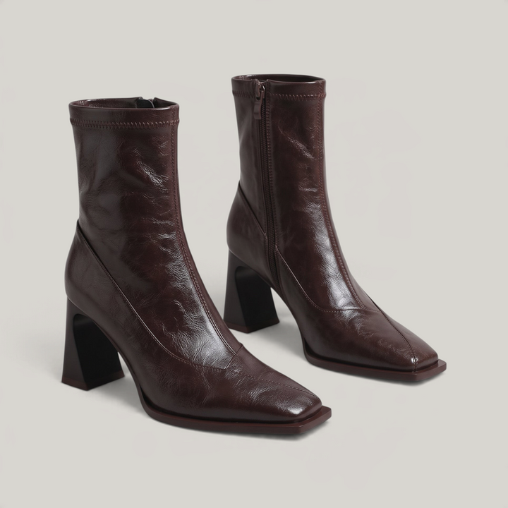 Pair of Vienne Bootie ankle boots in Moka Ciré glazed brown leather with square toes and inside zips