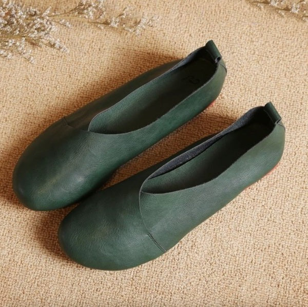 leather flats color green size 5 for women